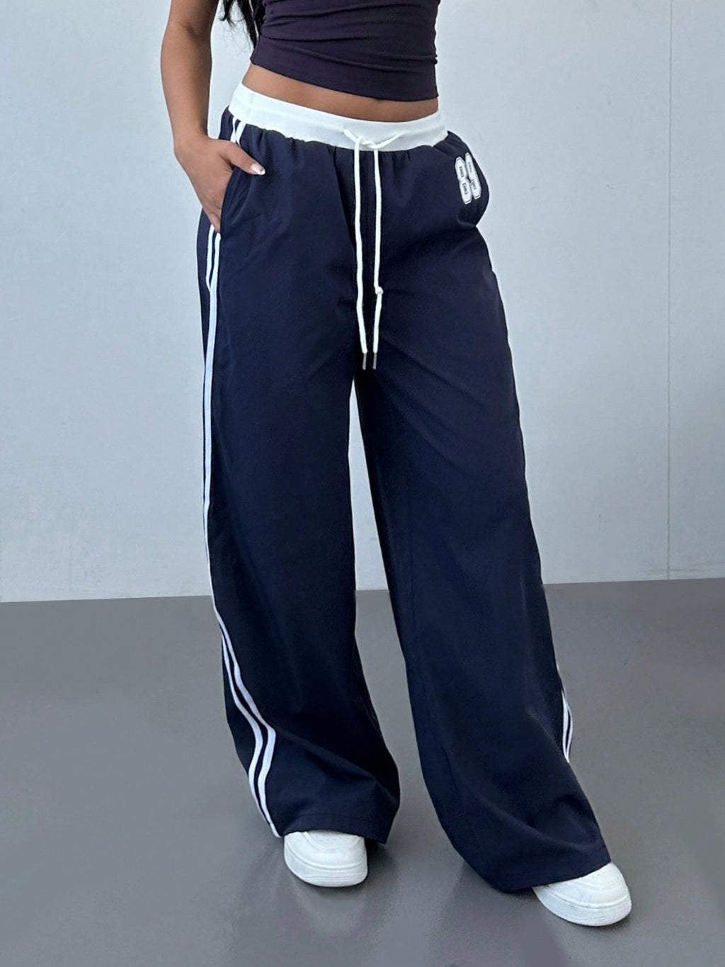 Striped Color Blocking Elastic Waistband Lace Up Pants