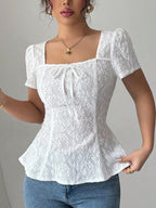 Lace Bow Tie Square Neck Short Sleeve T-shirts