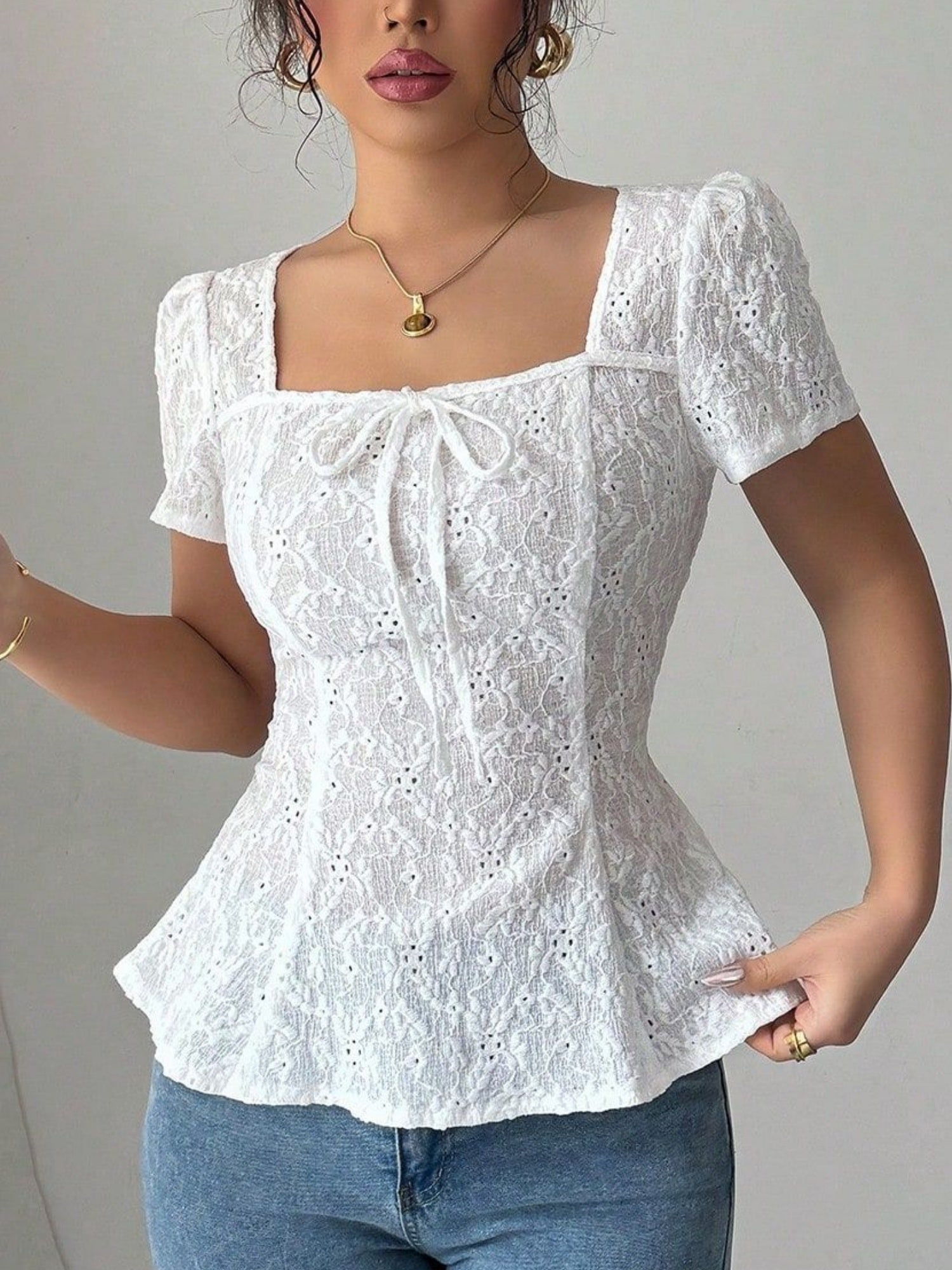 Lace Bow Tie Square Neck Short Sleeve T-shirts