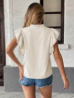 Lotus Leaf Sleeves Lace Up Buttons Stand Collar T-shirts