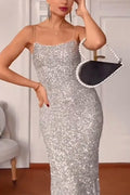 Spaghetti Strap Sequin Bodycon Midi Party Dress