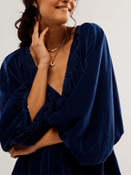 Velvet Deep V-Neck Puff Sleeve Empire Waist Mini Dress