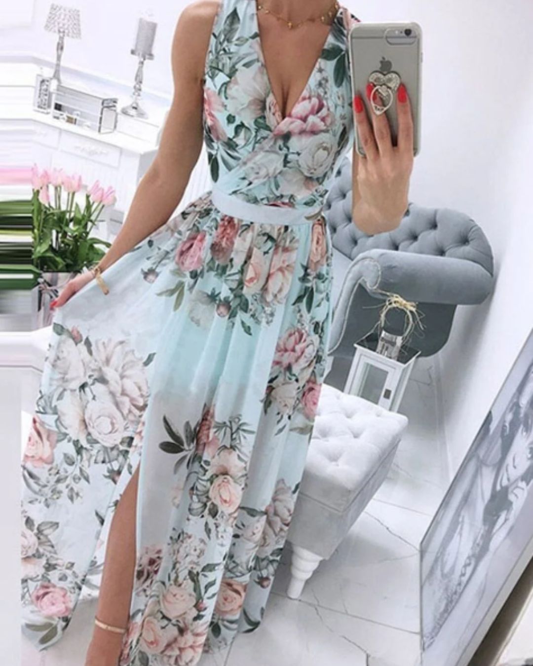 | Sleeveless Beach Dress in Deep V-Neck