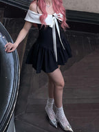 Off-shoulder Bow Waist Tie Short Sleeves Mini&Short Dresses