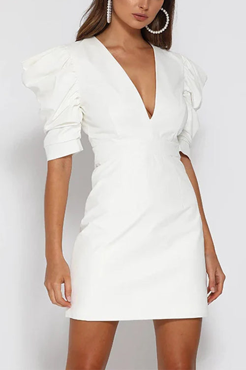 V Neck Backless Ruched Puff Sleeves Mini Dress