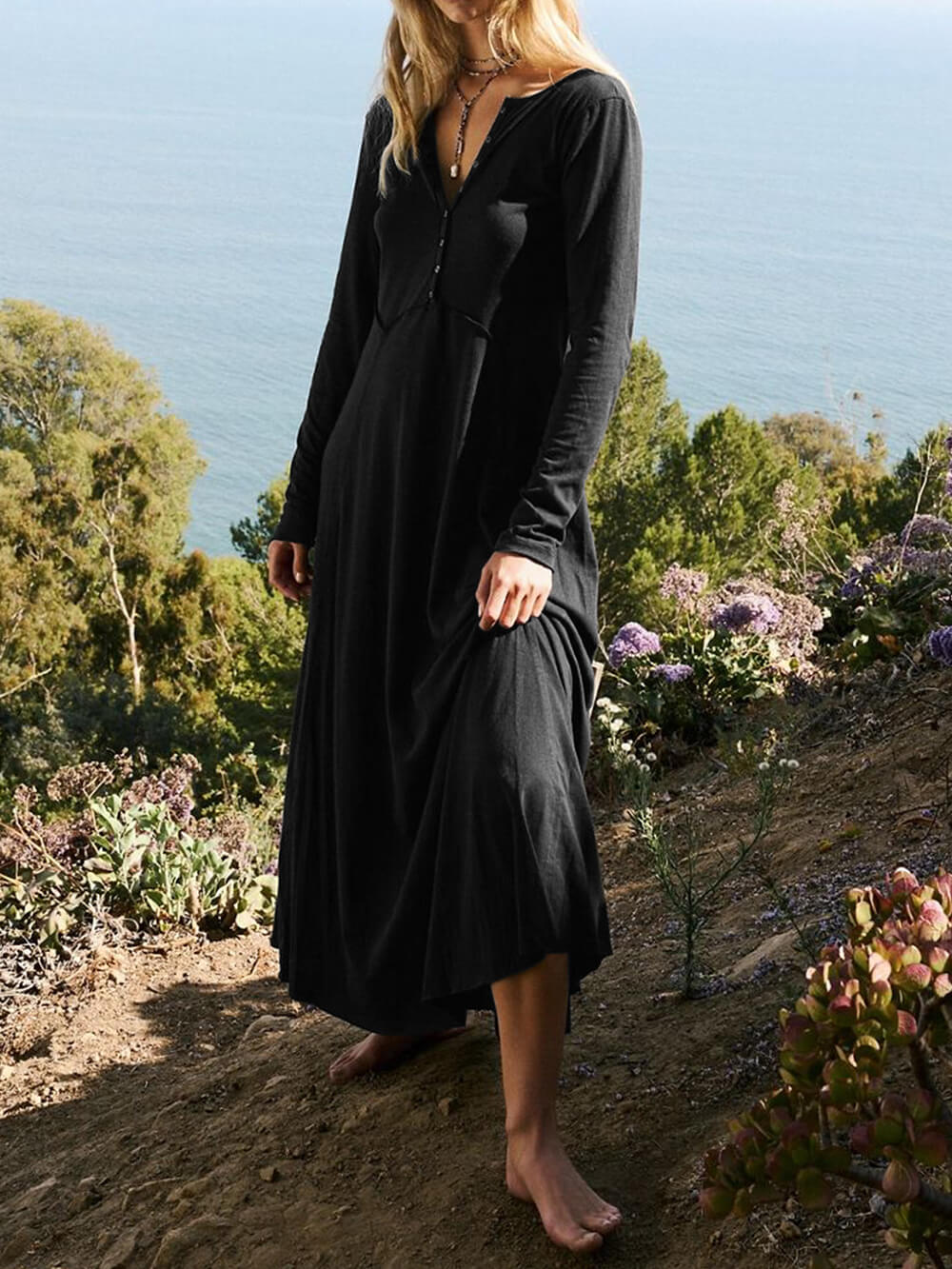 V-Neck Button Front Long Sleeve Side Slit Maxi Dress