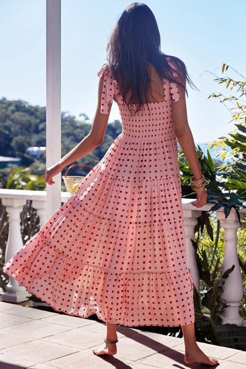Floral Print Smocked Tie Shoulder Tiered Ruffle Maxi Dress