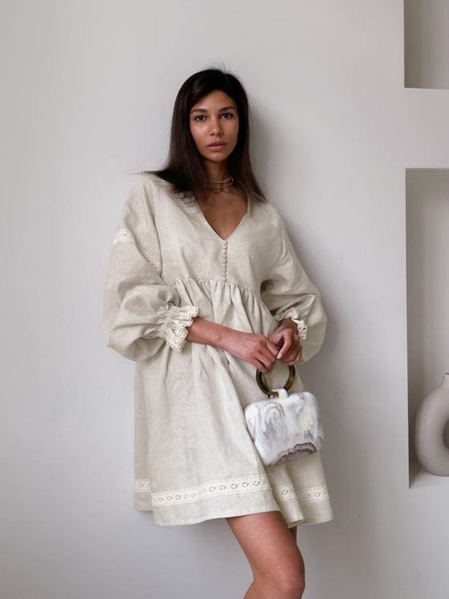 Cotton Blend Temperament V-neck Long Sleeve Loose-fit Home Vacation Mini&Short Dresses