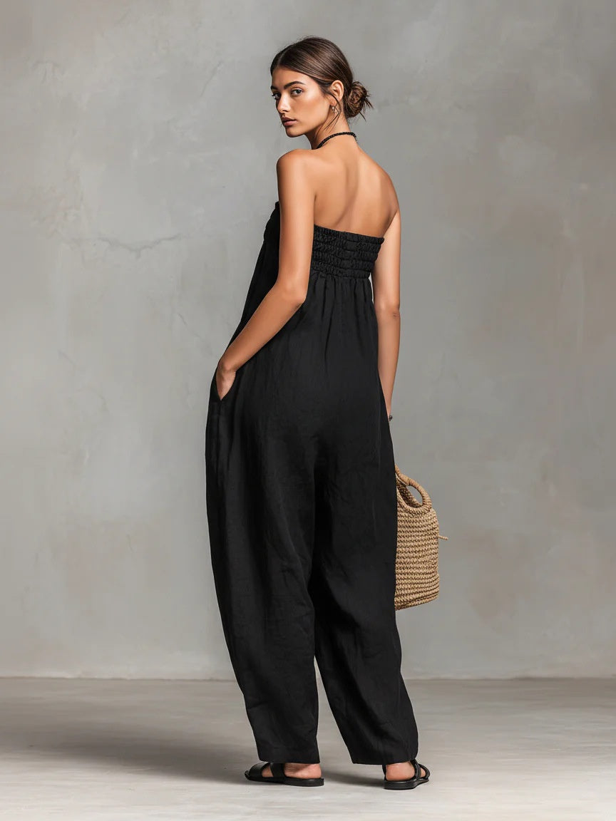 Simple Strapless Jumpsuit Made Of Cotton And Linen Blend