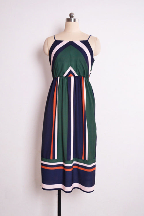 Geometric Chevron Stripe Spaghetti Strap Square Neck A-Line Midi Dress