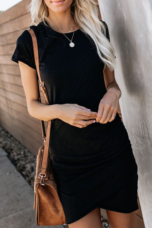 Ruched Crew Neck Puff Sleeve Tulip Hem Bodycon Mini Dress