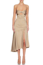 Satin Spaghetti Strap Twist Front Cut Out Ruffle Hem High Split Midi Dress