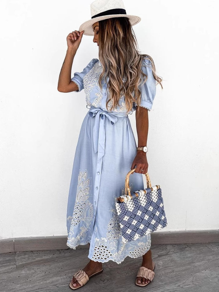 Hollow-out Short-sleeved Belted Long Dress