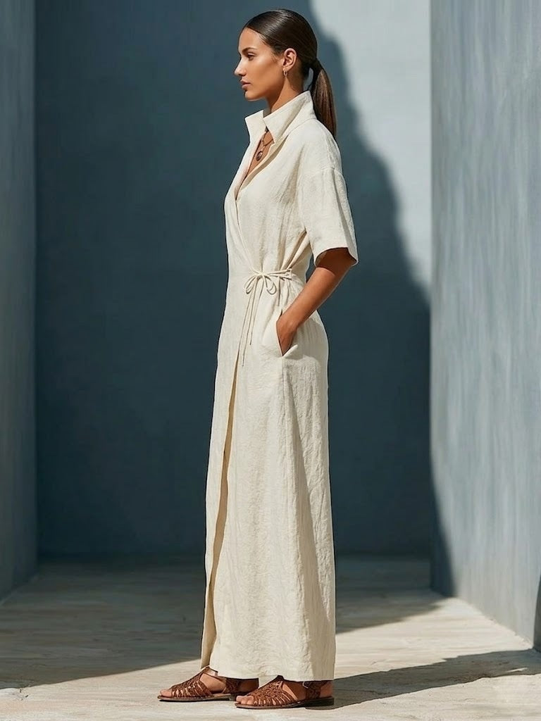 Casual V-neck Short-sleeved Tie-waist Solid Color Maxi Dresses