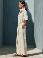 Casual V-neck Short-sleeved Tie-waist Solid Color Maxi Dresses