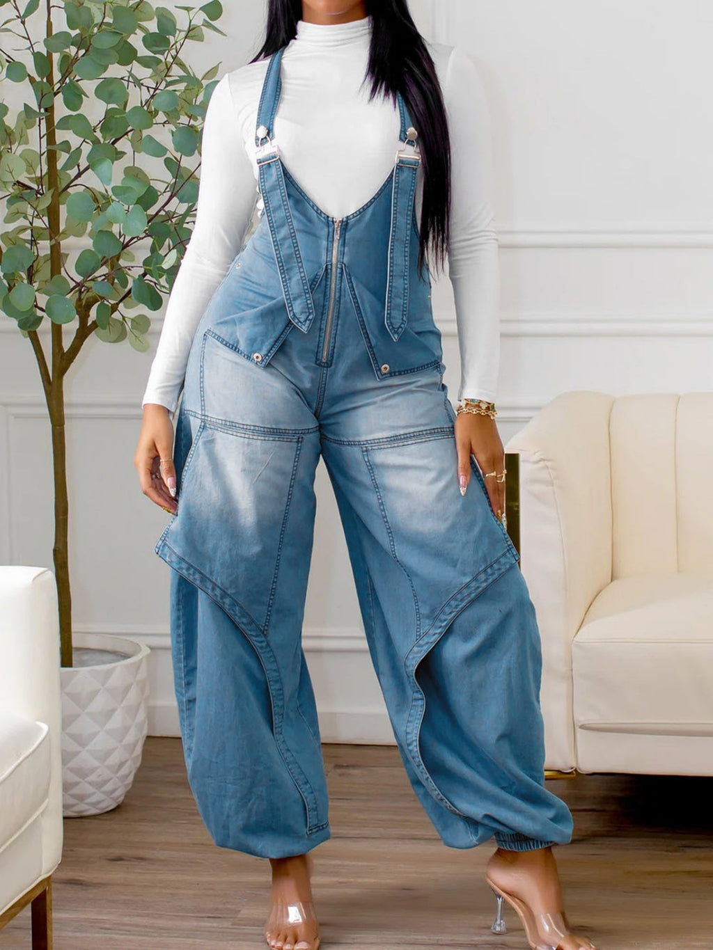 Zipper Splicing Pocket Denim Overalls