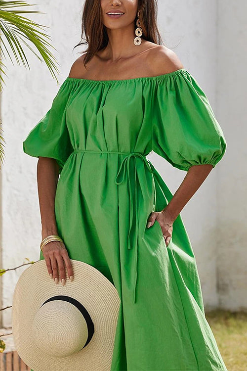 Off Shoulder Puff Sleeves Pocketed Baggy Midi Dress