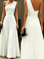 One Shoulder White Grace Pleats Formal Dress Maxi Dresses