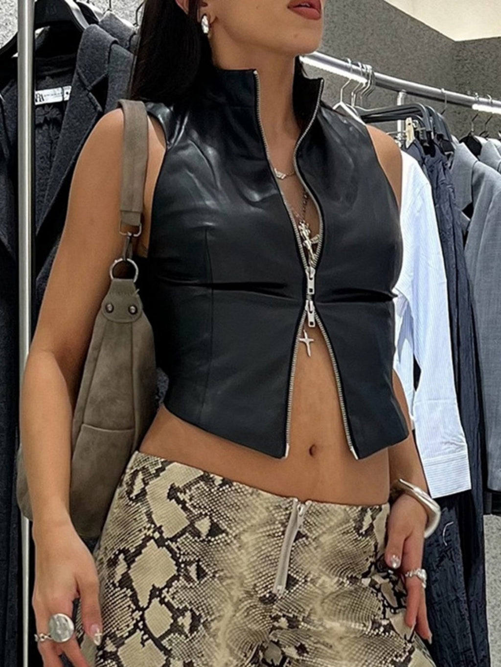 PU Leather Zipper Stand-up Collar Sleeveless Tank Tops