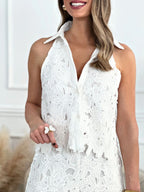 Heavy Embroidered Hollow V-neck Vest Top With Wide-leg Straight Trousers 2-piece Sets