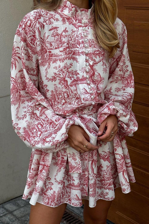 Toile Print Mock Neck Balloon Sleeve Belted Ruffle Hem Mini Dress