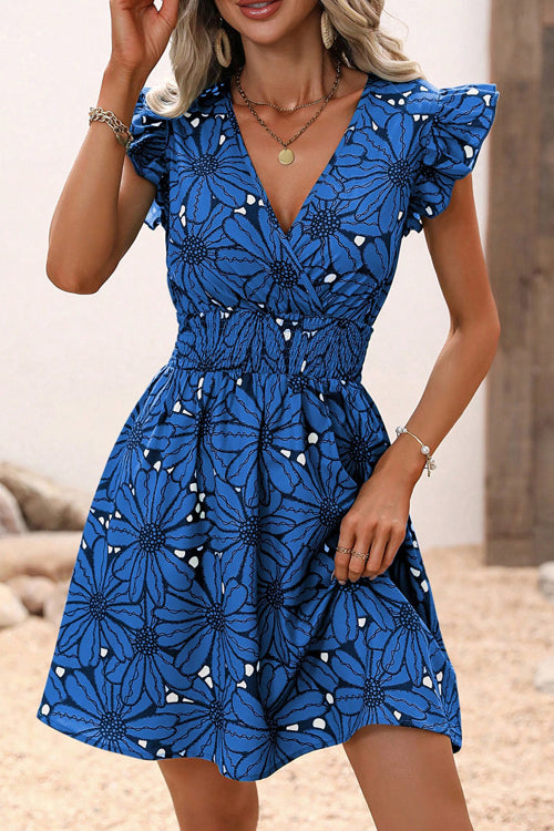 Large Floral Print Wrap V-Neck Flutter Sleeve Smocked Waist Flared Mini Dress