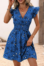 Large Floral Print Wrap V-Neck Flutter Sleeve Smocked Waist Flared Mini Dress