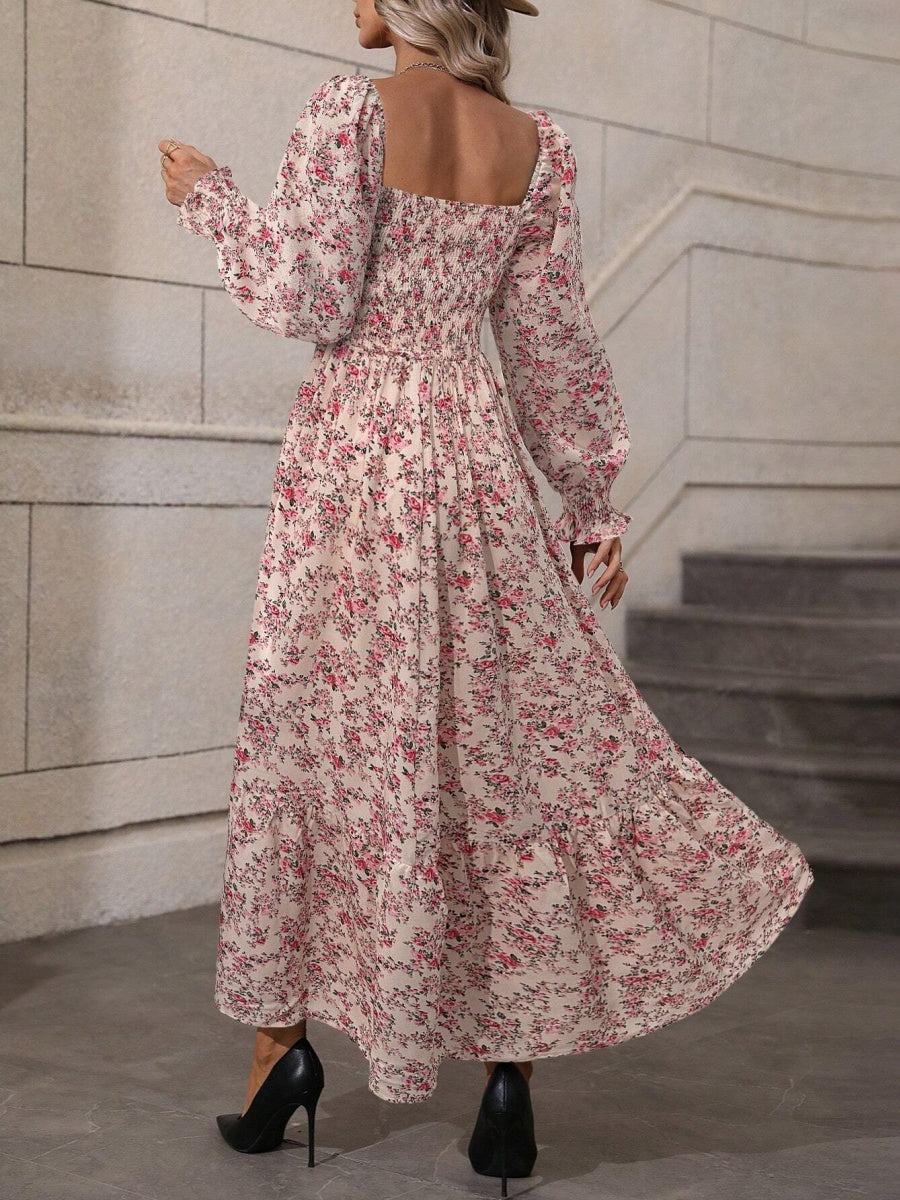 Floral Long Sleeve Square Collar Vacation And Leisure Maxi Dresses