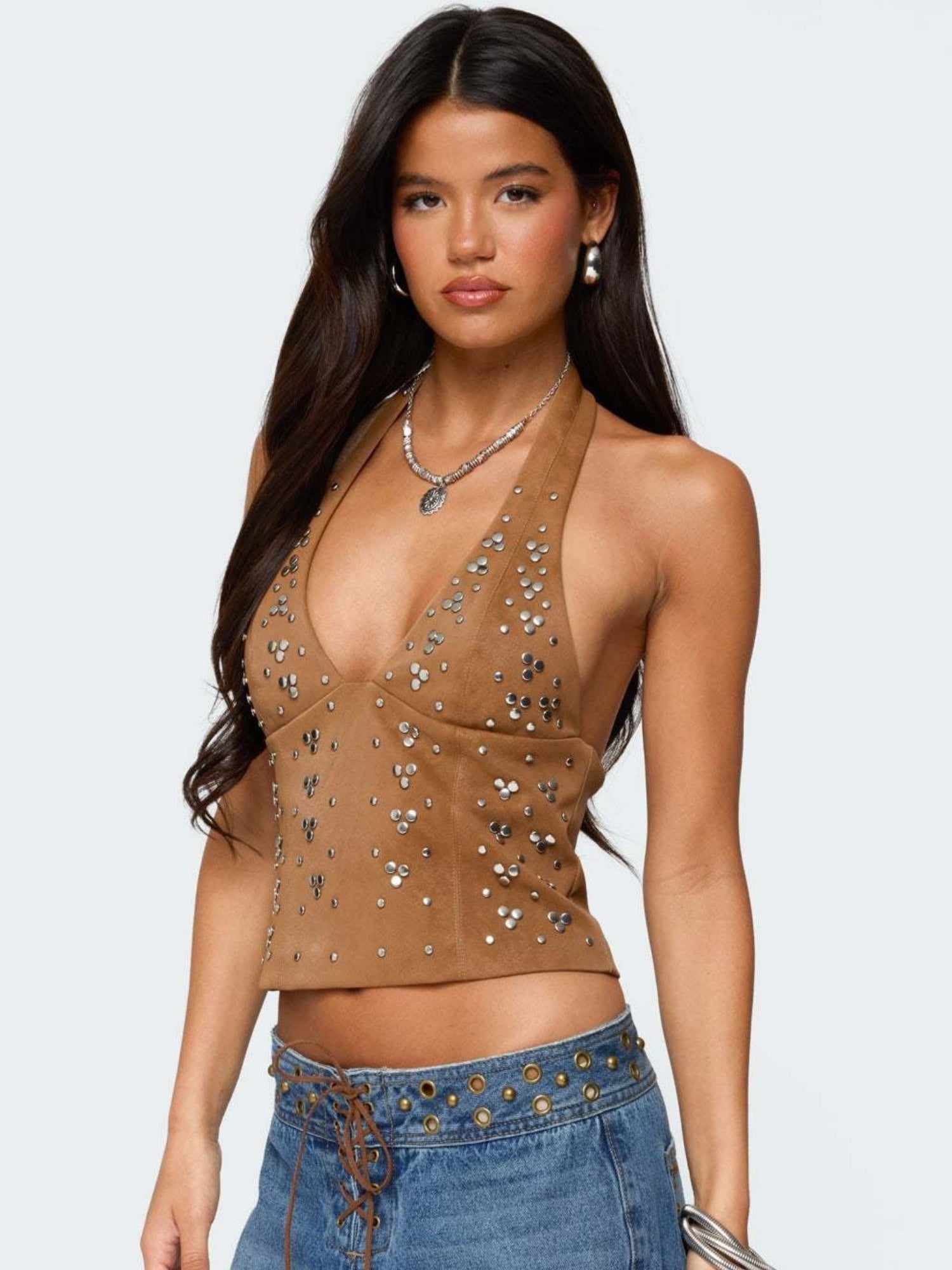 Rivets V-neck Halter Neck Backless Tank Tops