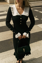 Peter Pan Collar Ribbed Knit Pearl Button Ruffle Cuff Midi Dress