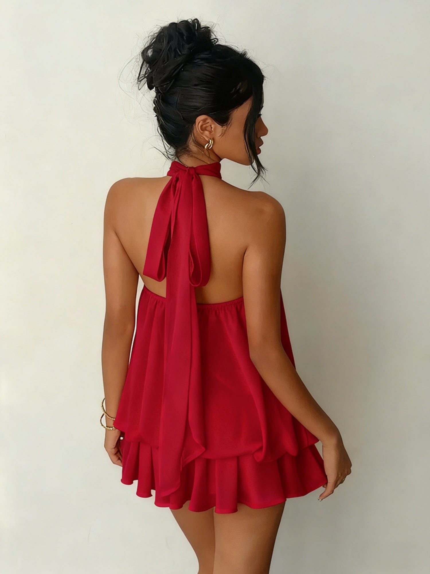 Neck Strap Backless Ruffle Mini&Short Dresses