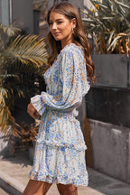 Floral Print Deep V-Neck Bishop Sleeve Tiered Ruffle Mini Dress