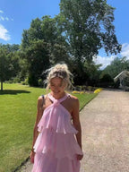Halter Backless Cake Skirt Pink Yellow Maxi Dress