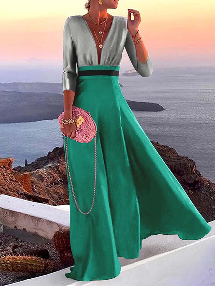Color Block V-Neck Three-Quarter Sleeve Panel Maxi Dress