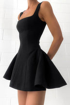 Square Neck Wide Strap Princess Seam Fit and Flare Skater Mini Dress
