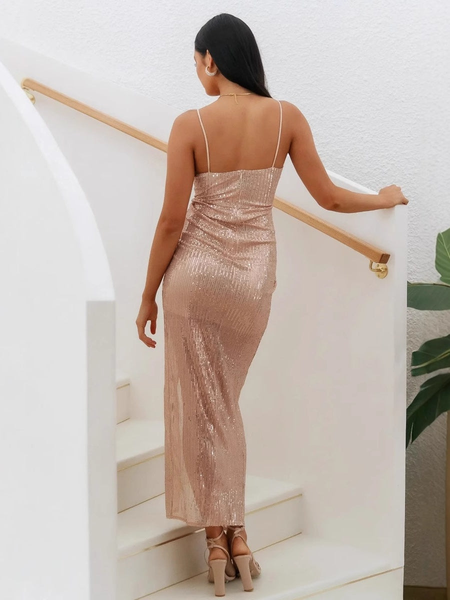 V-neck Slit Sequins Camisoles Banquet Formal Dress Maxi Dresses