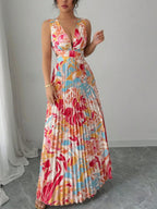 Sexy Deep V-neck Sleeveless Floral Print Maxi Dress With Slit Hem And Pleats