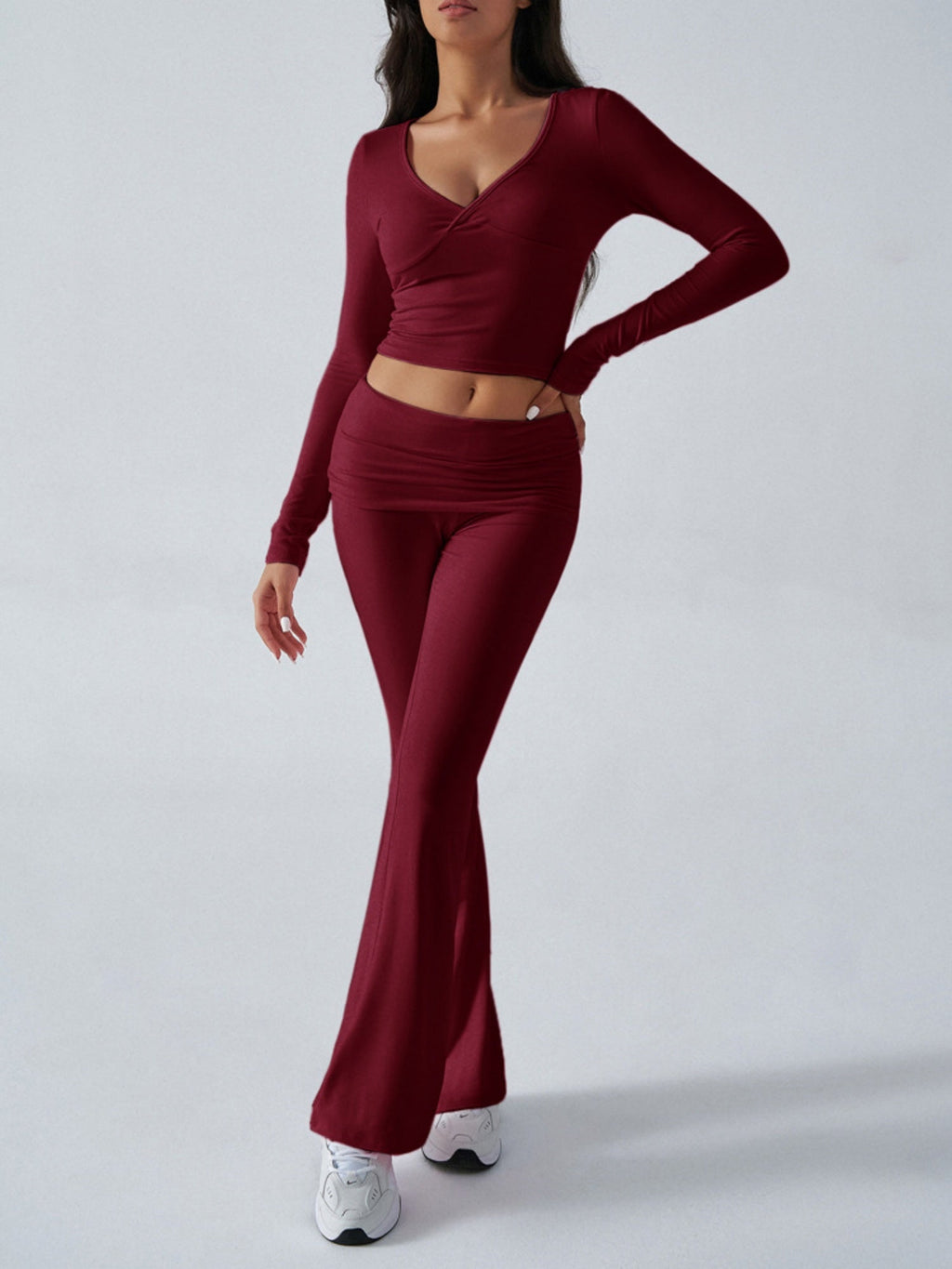 V-neck Pleats Long-sleeved Top And Trousers Sports And Leisure 2-piece Sets