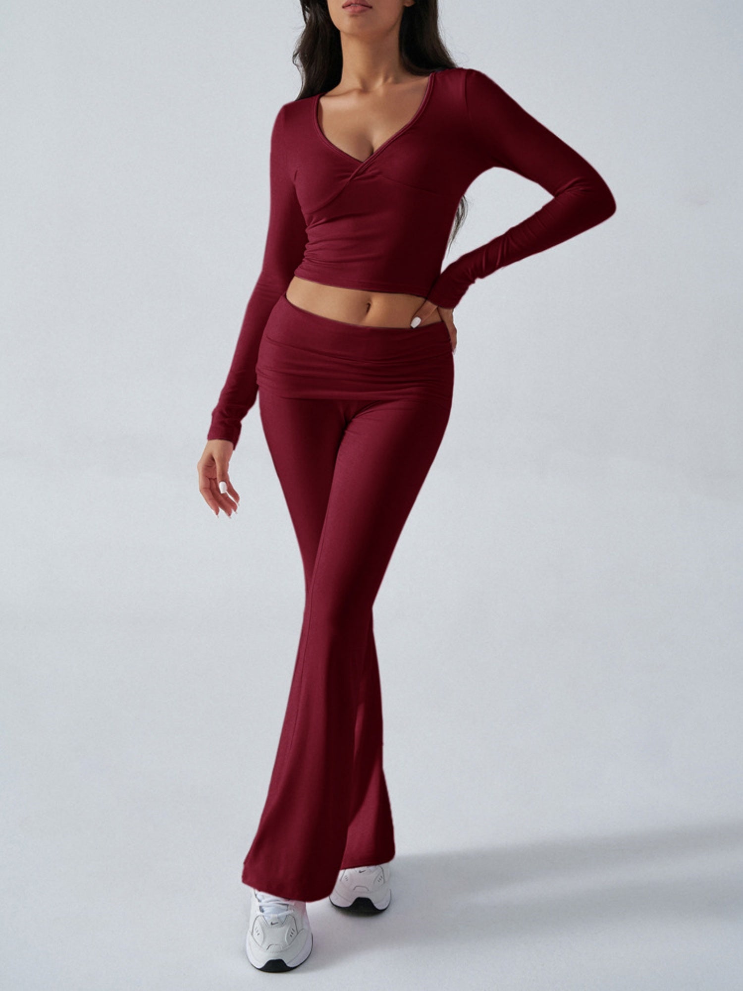 V-neck Pleats Long-sleeved Top And Trousers Sports And Leisure 2-piece Sets