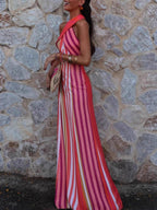 Stripes Cross-neck Sleeveless Fit Maxi Dresses