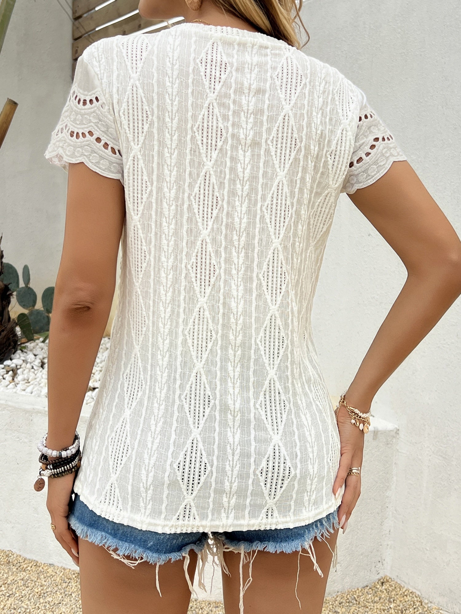 Openwork Jacquard Crew Neck Short Sleeve T-shirts