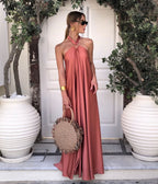 Halter Neck Ring Detail Draped Satin Maxi Dress