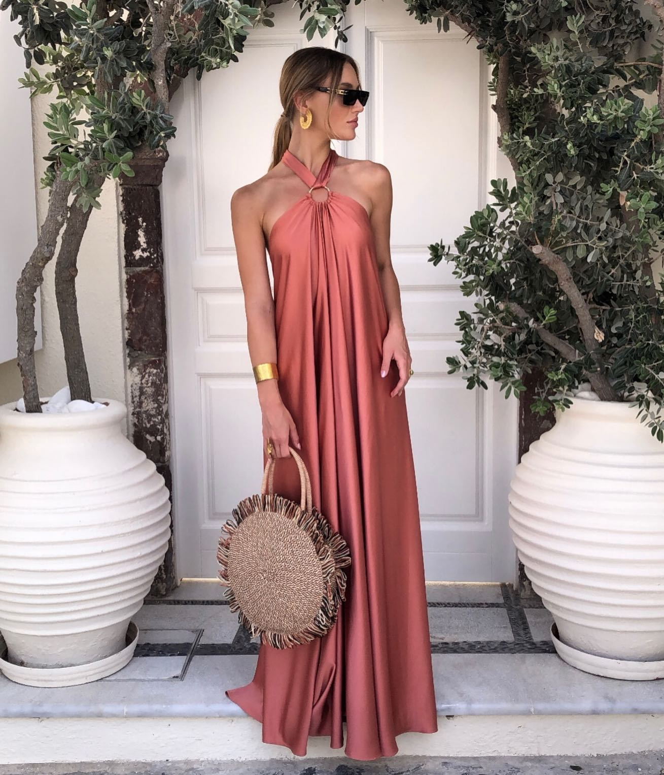 Halter Neck Ring Detail Draped Satin Maxi Dress