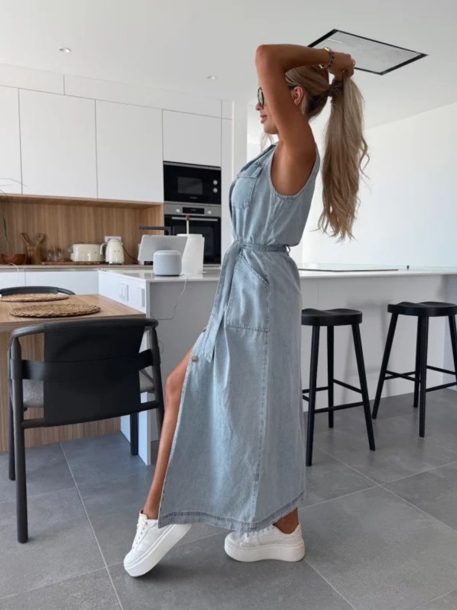 Sleeveless Tie-waist Single-breasted Denim Maxi Dress