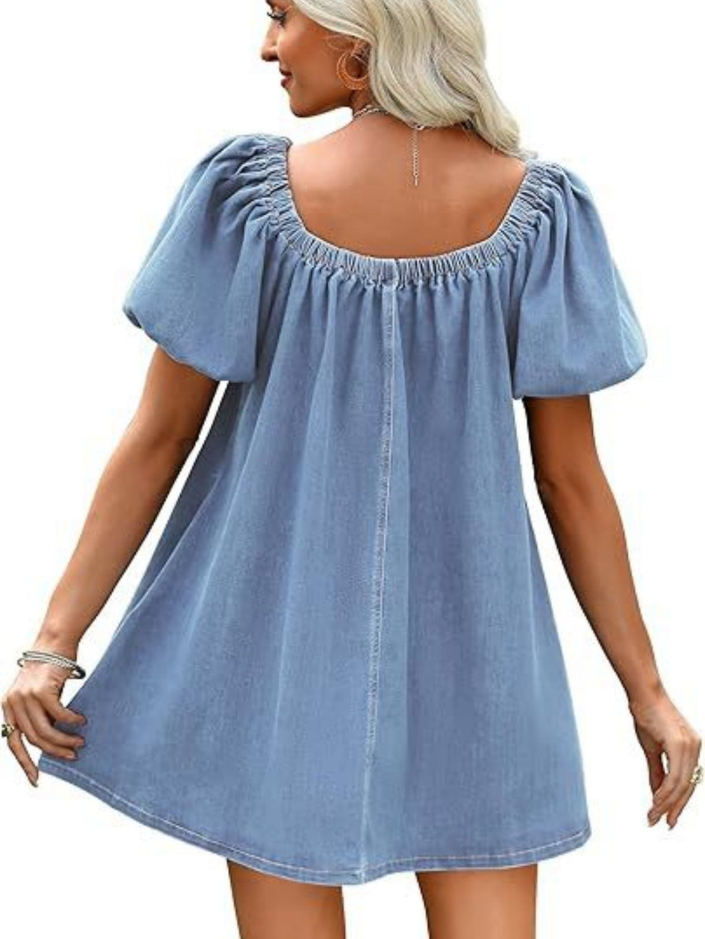 Denim Lace Up Square Neckline And Puff Sleeves Mini&Short Dresses