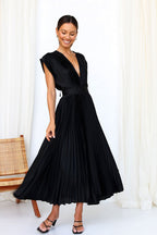 Pleated Satin Deep V-Neck Cap Sleeve Cinched Waist A-Line Midi Dress