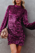 Burnout Velvet Mock Neck Damask Bishop Sleeve Ruched Flounce Mini Dress