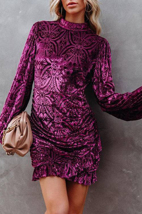 Burnout Velvet Mock Neck Damask Bishop Sleeve Ruched Flounce Mini Dress