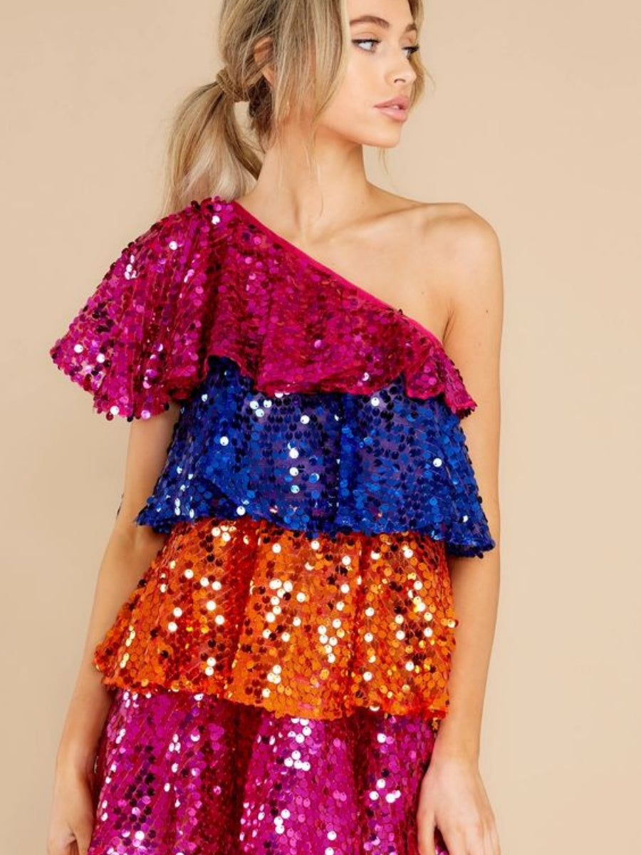 Sequins Off-shoulder Sleeveless Splicing Three Colors Overlaid Cake Skirt Evening Gown Maxi Dresses