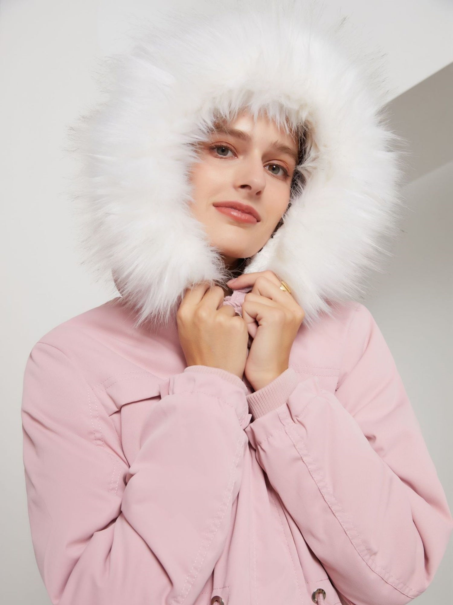 With Fur Collar Fleece Lined Hooded For Warmth Drawstring Pocket Down Jacket